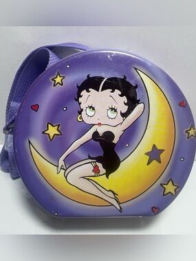 Betty Boop Purple Tin Case w/ Strap & Latch Moon Stars Hearts 2005